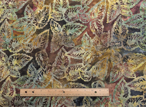 BATIK - Tan, Rust, Brown, Green, Blue Patterned Fabric / Leaf Tjap