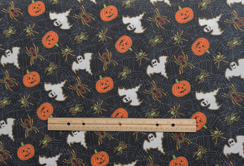 Charcoal with Spiderweb Background Fabric / Jack O' Lantern, Ghost, Spider Print - Selvage to Selvage Print
