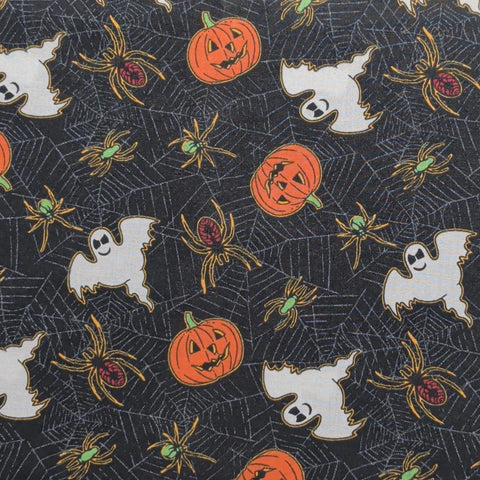 Charcoal with Spiderweb Background Fabric / Jack O' Lantern, Ghost, Spider Print - Selvage to Selvage Print