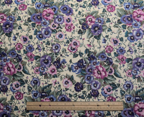 Faye Burgos Marcus Brothers Textiles - Pale Yellow Fabric / Purple, Pink Lavender Pansy Print