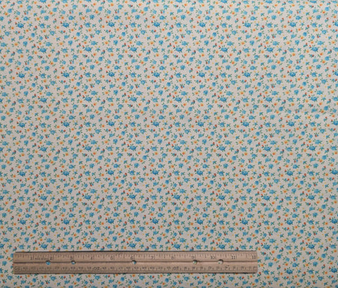Soft White Fabric / Blue, Orange, Yellow Packed Flower Print - Selvage to Selvage Print