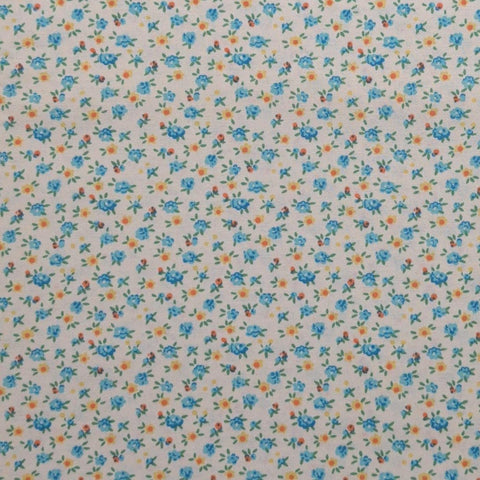 Soft White Fabric / Blue, Orange, Yellow Packed Flower Print - Selvage to Selvage Print