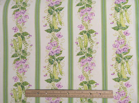 White Fabric / Bright Green, Lavender Pea Vine Stripe Print - Selvage to Selvage Print