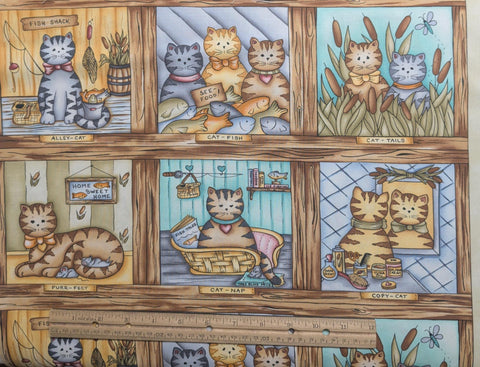 Cat-Tales CarolArt Designs Galaxy Collection EE Schenck - Cartoon-Style Cat Block Print Fabric (Block ~ 5-1/2" Square, Incl Sashing)