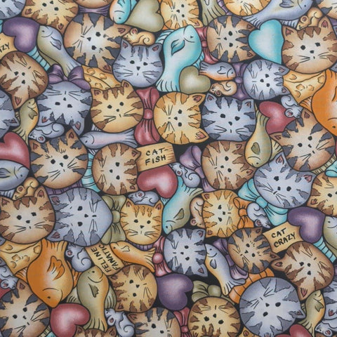Cat-Tales Carol Art Designs Galaxy Collection EE Schenck - Tan, Gray, Purple, Teal Packed Cartoon-Style Cat Face, Fish, Heart Print Fabric