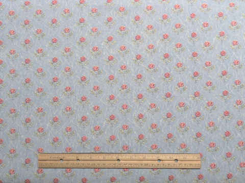 Pale Blue Fabric / Pink, Green Scattered Rose Print - Selvage to Selvage Print