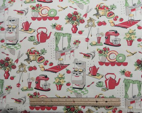 1595 Fifties Kitchen Michael Miller Fabric - Soft White Fabric / Red, Green, Yellow Retro Kitchen Appliance Print
