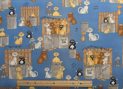 Alley Cat Corale C-1942 Partrick Lose Timeless Treasures Inc 2006 - Blue Fabric / Cartoon-Style Cat Print