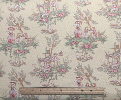 Tan Toile with Diamond Print Fabric / Pink, Green Scenes of Children Fishing, Playing - Selvage to Selvage Print