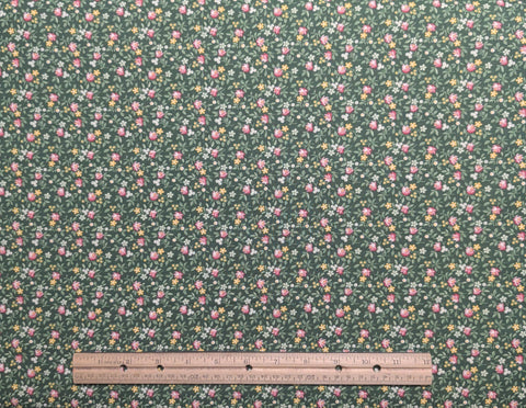 General Fabrics Company - Green Fabric / Pink, Yellow, White Packed Flower Print