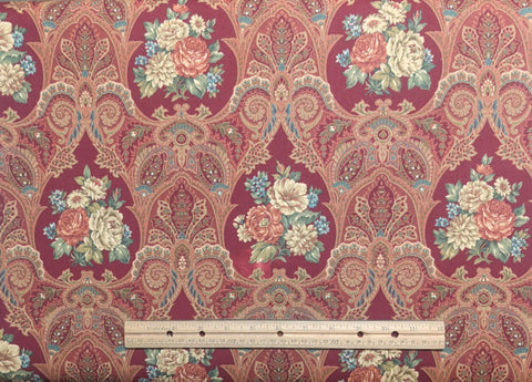 VIP Cranston Print Works - Burgundy Fabric / Gold, White, Teal Paisley Floral Print