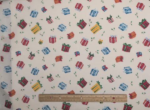 2269 Noah Noel Tossed Presents Past and Presents Daisy Kingdom 1997 - White Fabric / Red, Yellow, Blue Green Tossed Present and Holly Print