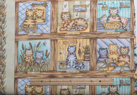 Cat-Tales CarolArt Designs Galaxy Collection EE Schenck - Cartoon-Style Cat Block Print Fabric (Block ~ 5-1/2" Square, Incl Sashing)