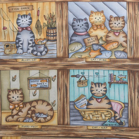 Cat-Tales CarolArt Designs Galaxy Collection EE Schenck - Cartoon-Style Cat Block Print Fabric (Block ~ 5-1/2" Square, Incl Sashing)