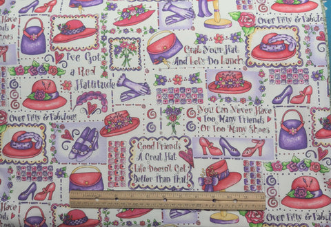 Dianna Marcum Marcus Brothers Textiles - White Fabric / Red, Purple Red Hat Society Block Print