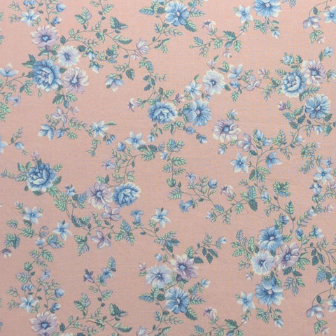 Springs Industries - Pink Fabric / Lavender, Blue, White Flower, Vine Print