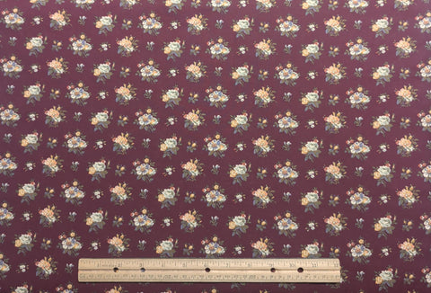 Burgundy Fabric / Gold, White, Pink Tossed Flower Print