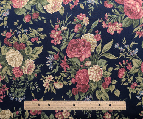 VIP Cranston Print Works - Dark Blue Fabric / Red, Pink, White, Green Large Floral Print