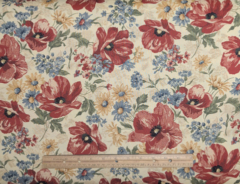 Qult Club Collection 2003 Thimbleberries RJR Fashion Fabrics - Cream Fabric / Tan, Red, Blue, Gold Large Packed Flower Print