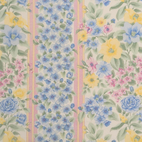 Dogwood Stripe 1359 Daisy Kingdom Springs - White Fabric / Pink Stripe / Yellow, Blue, Pink Packed Flower Print