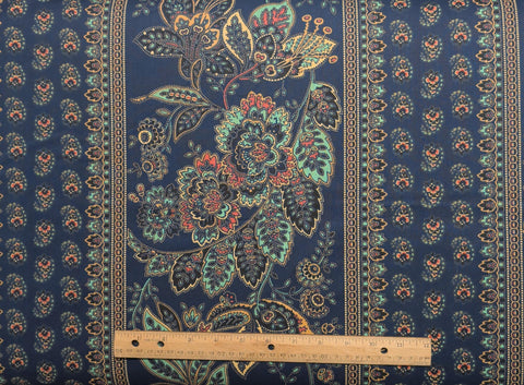 Dark Blue Fabric / Turquoise, Red, Gold Paisley Border Stripe - Selvage to Selvage Print