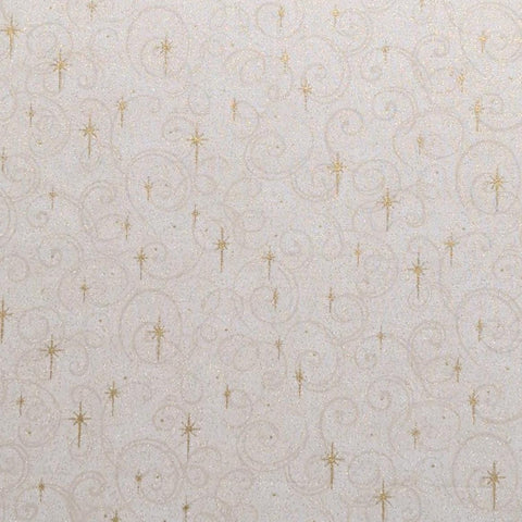 Soft White Fabric / Tan Scroll / Gold Metallic Star and Glitter - Selvage to Selvage Print