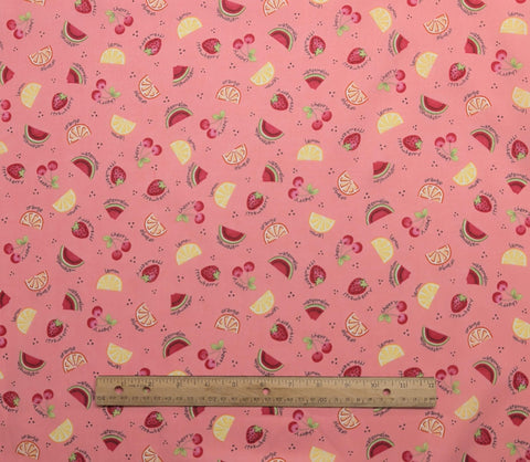 Lauren Lee Ltd for JoAnn Fabrics - Pink Fabric / Red, Yellow, Green, Orange Tossed Summer Fruit Print