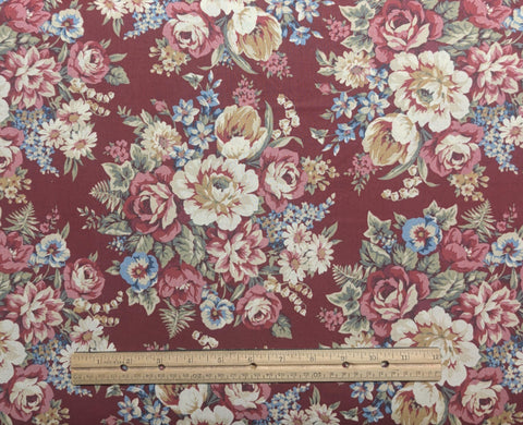 Marcus Brothers Textiles - Brick Red Fabric / Pink, White, Blue, Green Large Floral Bouquet Print