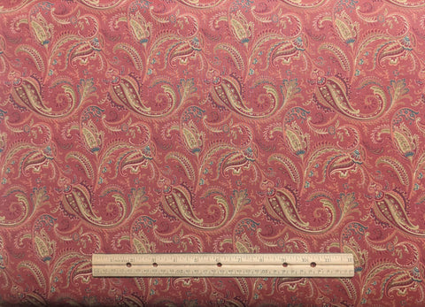 VIP Cranston Print Works - Brick Red Fabric / Burgundy, Gold, Green Paisley Flower, Vine Print