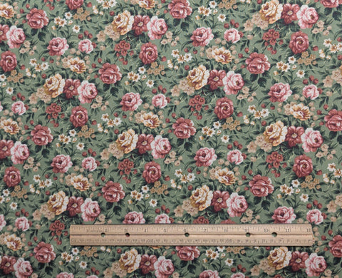 Faye Burgos Marcus Brothers Textiles - Light Green Fabric / Red, White, Gold Packed Flower Print