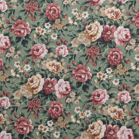 Faye Burgos Marcus Brothers Textiles - Light Green Fabric / Red, White, Gold Packed Flower Print