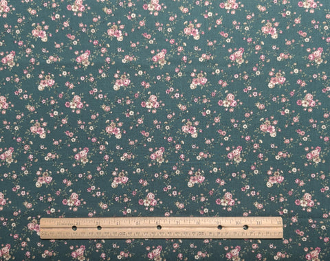 Dark Green Fabric / Red, White, Gold Tossed Flower Print - Selvage to Selvage Print