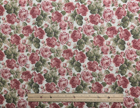 Faye Burgos Marcus Brothers Textiles - White Fabric / Red, Green Packed Rose Print