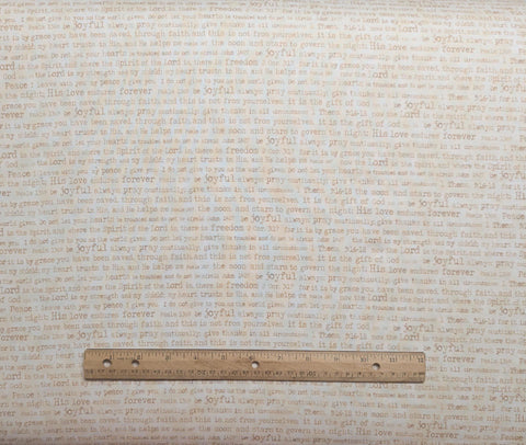 Bethany Berndt Shackelford, Licensed by Suzanne Cruise for Quilting Treasures - Soft White Fabric / Brown Inspirational Script Print