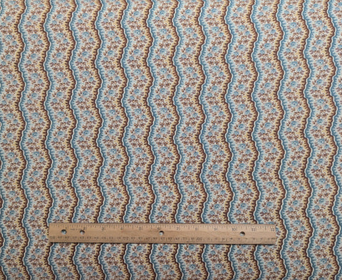 Peddlers Pack A Civil War Collection Judy Roche & Corienne Kramer for Henry Glass Fabrics - Tan, Brown, Turquoise Wavy Floral Stripe Fabric