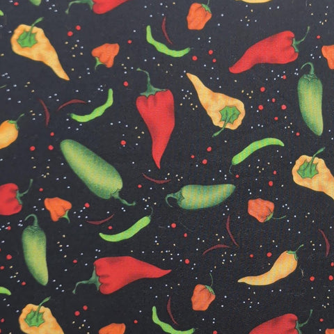Salsa Picante Lorilynn Simms ALS-51444 - Black Fabric / Red, Yellow, Green, Orange Tossed Hot Chili Pepper Print
