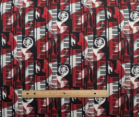 Robert Kaufman 7658 - Red, White, Black Piano Key, French Horn, Trombone, Trumpet Print Fabric