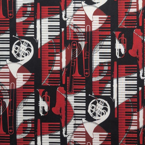 Robert Kaufman 7658 - Red, White, Black Piano Key, French Horn, Trombone, Trumpet Print Fabric