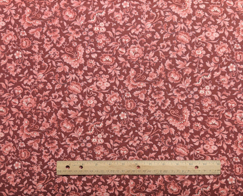 Copyright 1422 - Maroon Fabric / Light Maroon, Pink, White Packed Reproduction-Style Floral Print