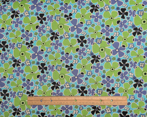 Robert Kaufman 2599 - Turquoise Fabric / Lime, Purple, Black, White Retro Flower Print