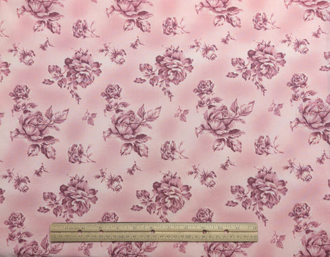 Beth Ann Bruske David Textiles - Pink and White Tonal Fabric / Burgundy Tossed Rose Print
