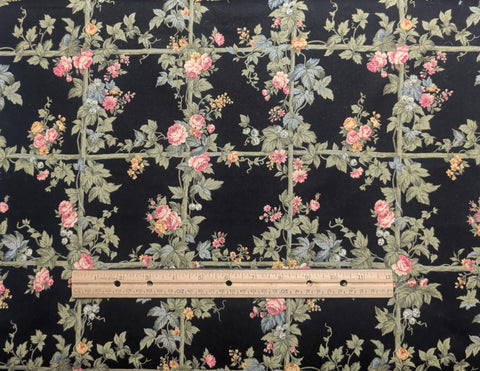 VIP Cranston Print Works - Black Fabric / Olive, Pink, White Windowpane Floral Vine Print