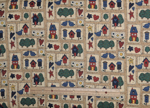 Tan, Cream, Red, Blue, Green Country-Style Applique Block Print Fabric