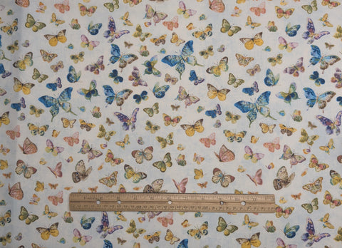 Butterfly Haven Danhui Nai Wilmington Prints - White and Blue Tonal Fabric / Blue, Gold, Green, Pink Tossed Butterfly Print