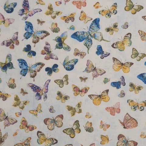 Butterfly Haven Danhui Nai Wilmington Prints - White and Blue Tonal Fabric / Blue, Gold, Green, Pink Tossed Butterfly Print