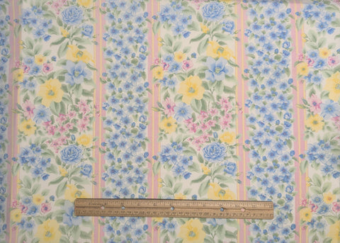 Dogwood Stripe 1359 Daisy Kingdom Springs - White Fabric / Pink Stripe / Yellow, Blue, Pink Packed Flower Print