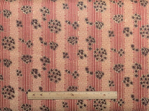 Cream, Brick Red Medallion Stripe Fabric / Black, Burgundy Tossed Flower Print - Selvage to Selvage Print