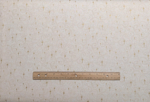 Soft White Fabric / Tan Scroll / Gold Metallic Star and Glitter - Selvage to Selvage Print