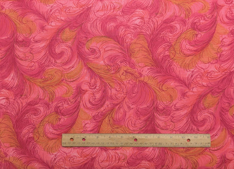 Pink, Red, Gold Packed Feather Plume Print Fabric - Selvage to Selvage Print