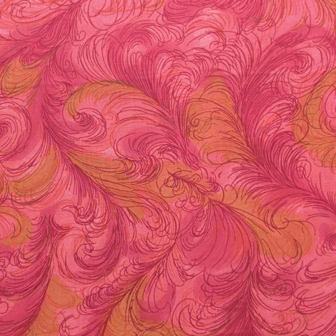 Pink, Red, Gold Packed Feather Plume Print Fabric - Selvage to Selvage Print
